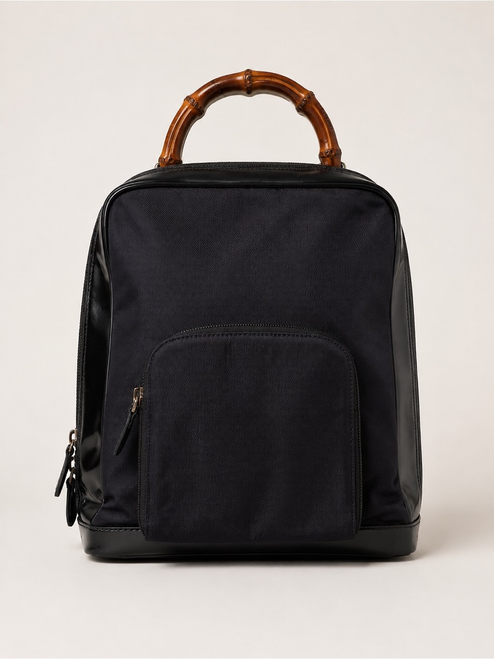 Gucci Black Canvas and Patent Leather Backpack with Bamboo Top Handle and COA